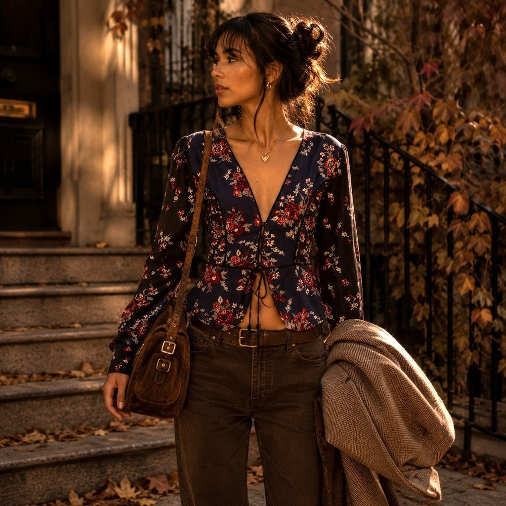Free People Way the World Turns Patchwork Dark Floral V-Neck Tie Front Blouse L